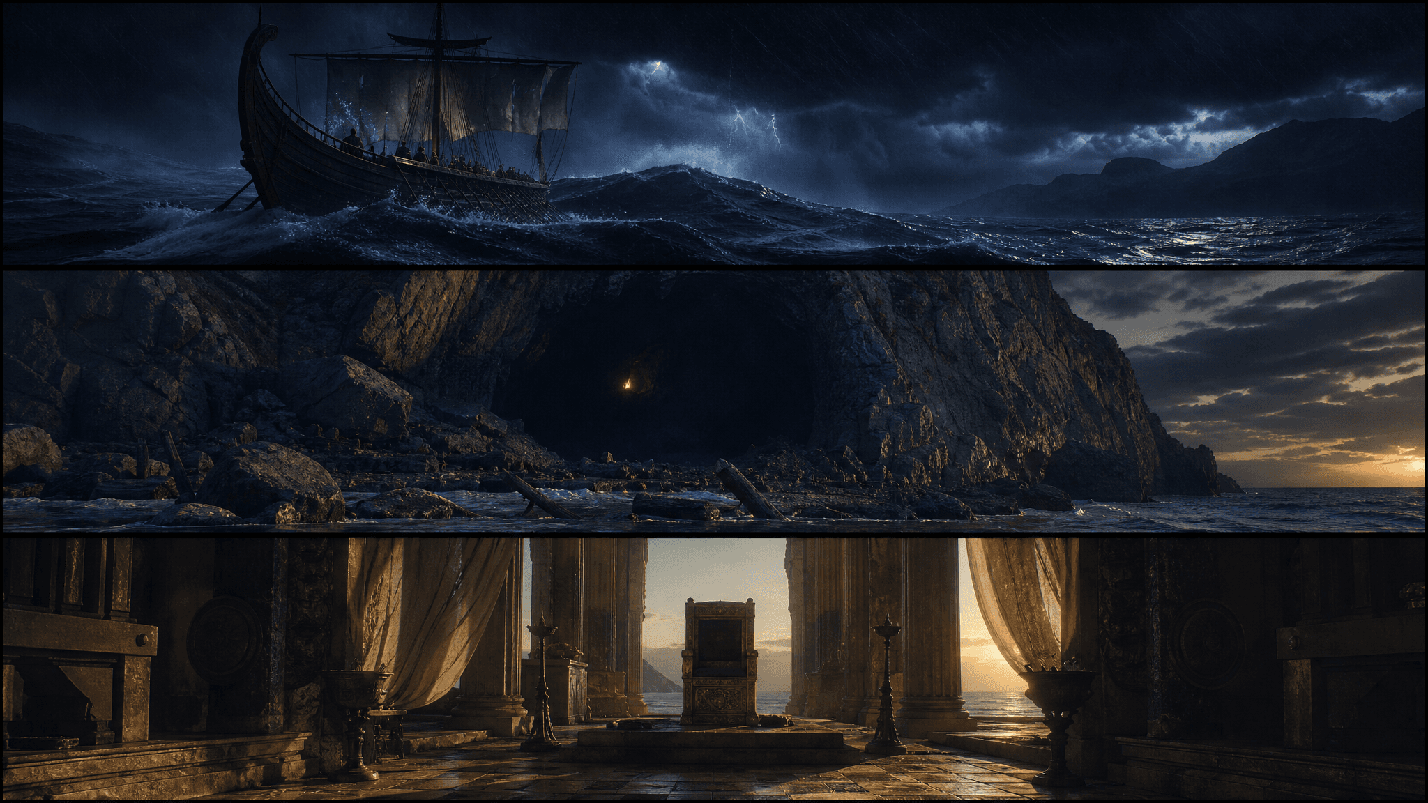 A mythic ancient ship crossing a storm-dark sea under moon-blue light.
