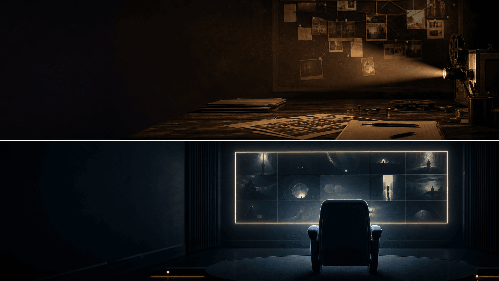 A dark editorial argument room lit by a film projector.