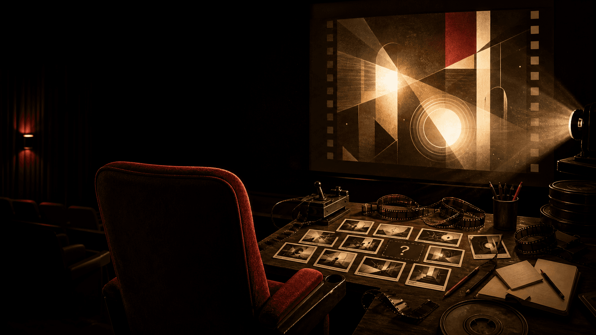 A dark screening room with a red seat, projector beam, scene cards, and a glowing abstract film frame.