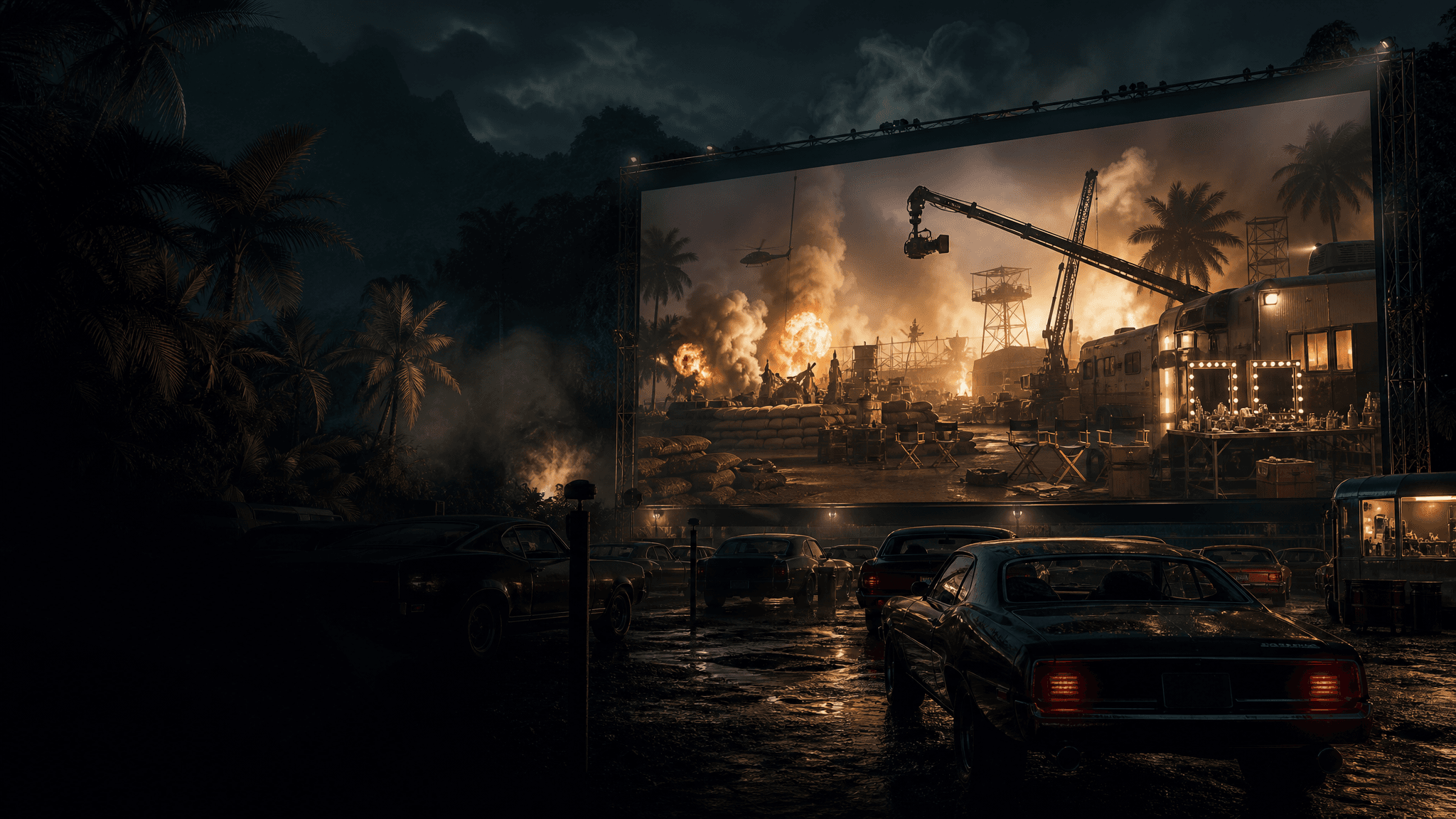 A rain-dark drive-in theater showing a chaotic jungle movie set with camera cranes, smoke, and staged explosions.