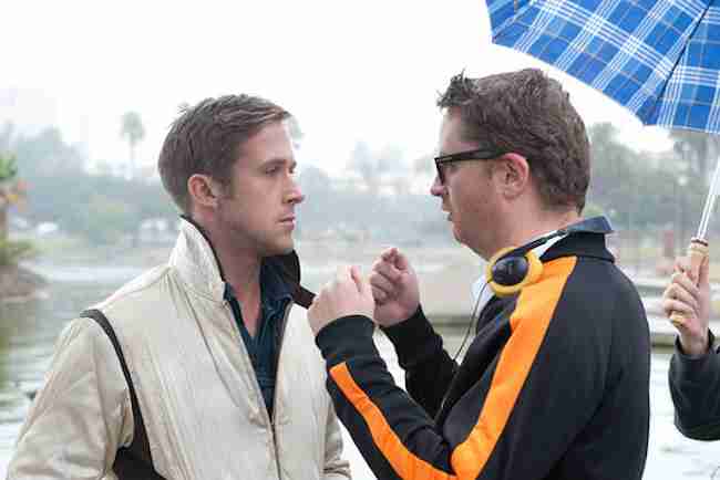Behind-the-scenes image of Ryan Gosling and Nicolas Winding Refn on the set of Drive.