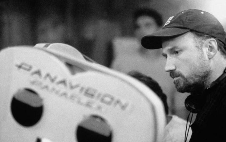 David Fincher seen beside a Panavision camera during the making of Fight Club.
