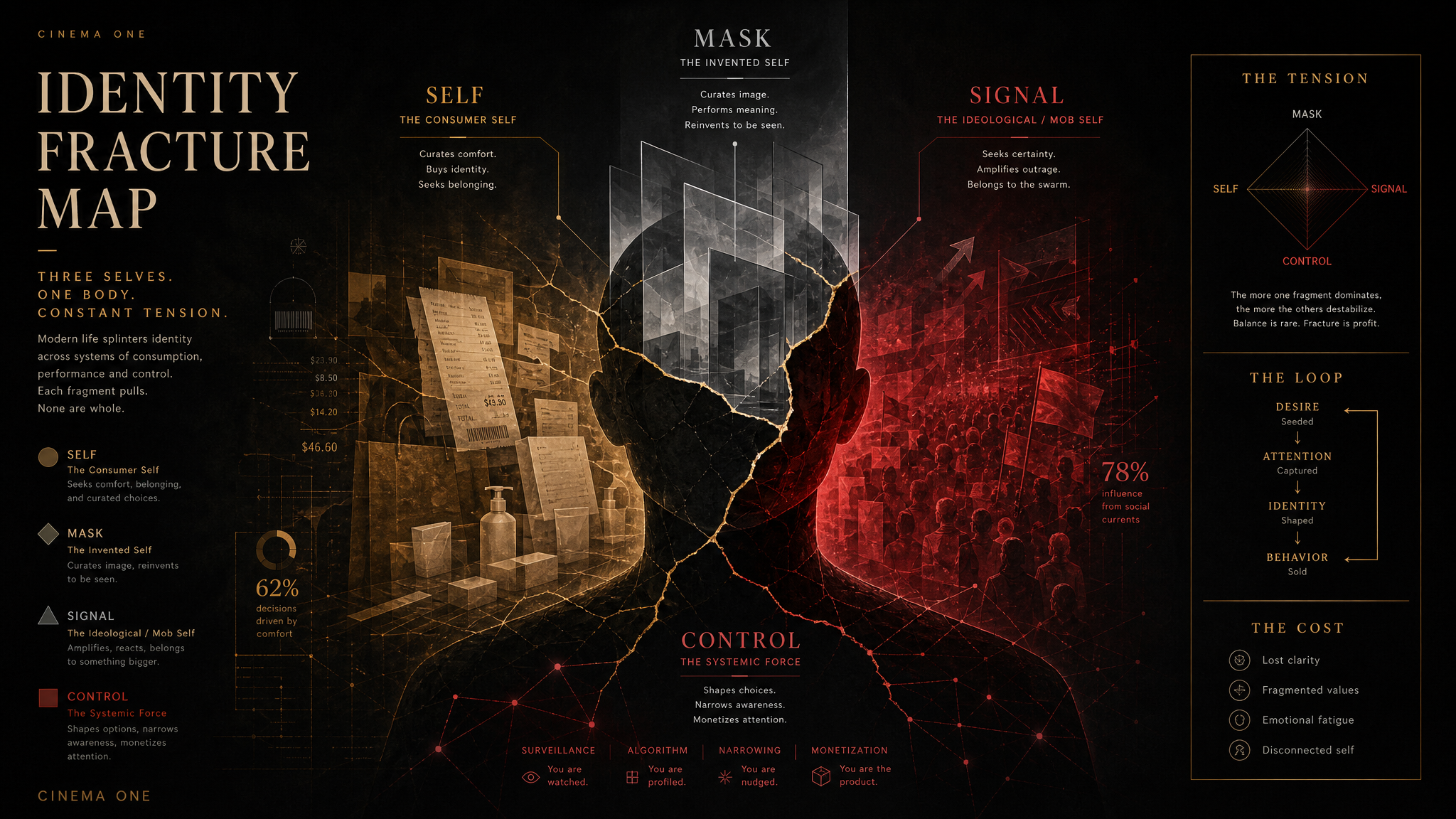 Abstract Cinema One graphic mapping fractured identity, consumer self, invented self, and ideology.
