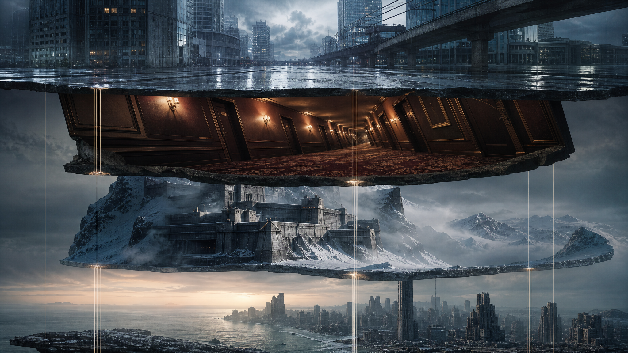 Original Cinema One graphic showing four nested dream layers descending from rain city to hotel corridor, snow fortress, and limbo shoreline.