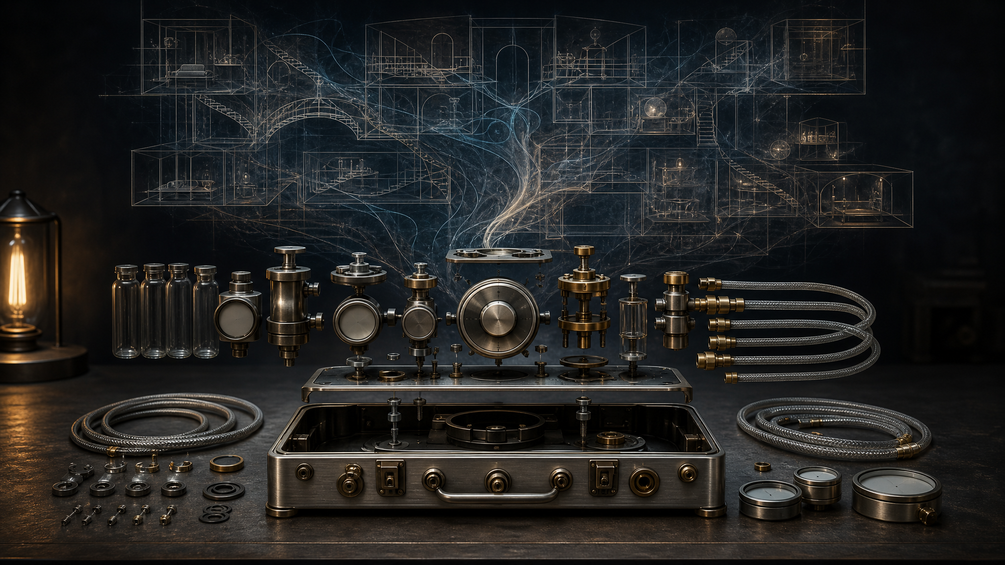 Original Cinema One graphic presenting a dream-sharing sleep machine as an exploded-view study with vials, tubes, dials, and blueprint-like dream traces.