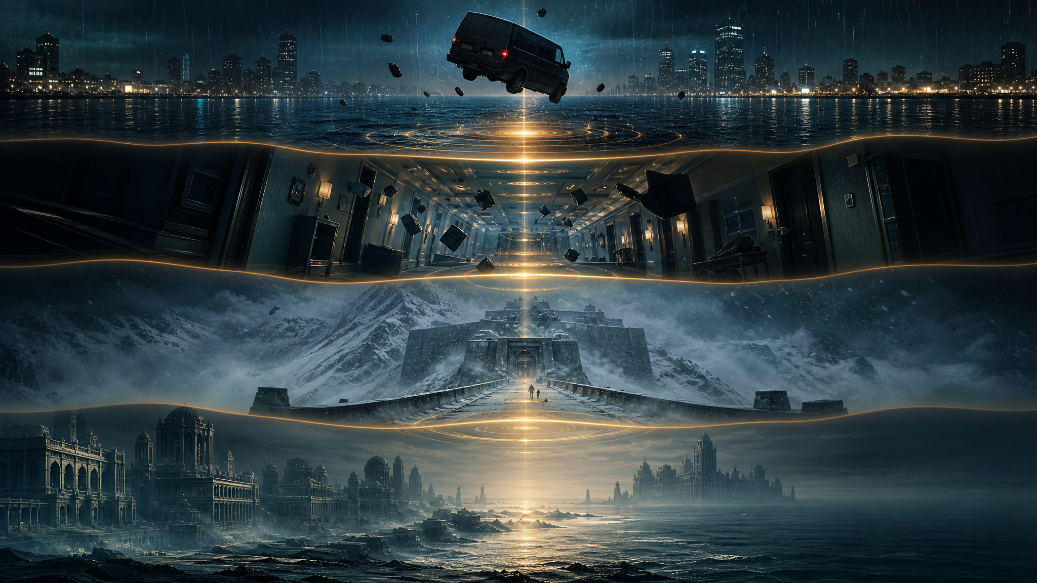 Original Cinema One graphic mapping four synchronized dream levels as time stretches from a falling van to limbo.