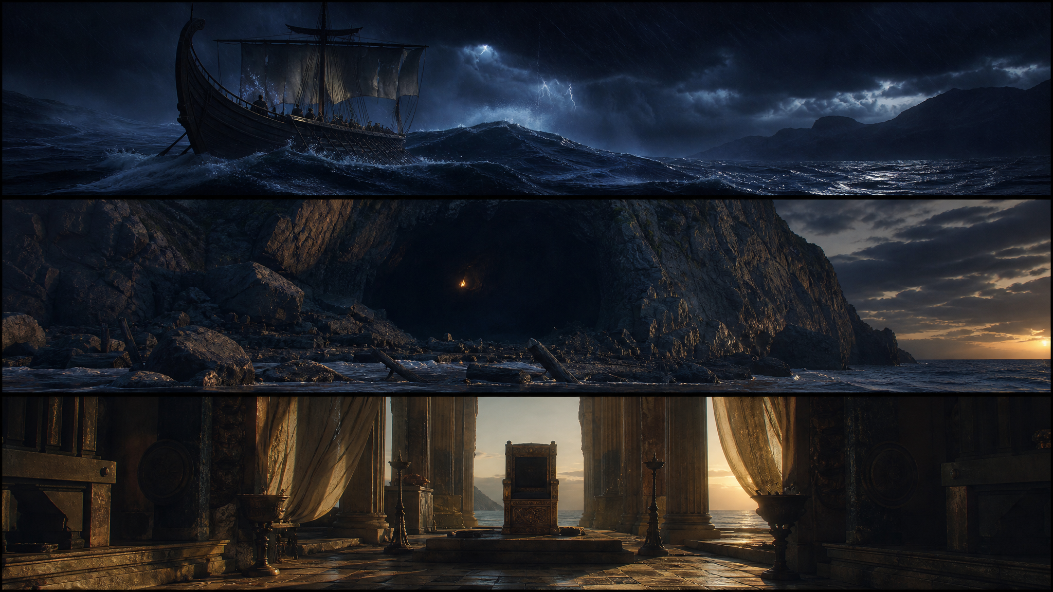 A mythic ancient ship crossing a storm-dark sea under moon-blue light.
