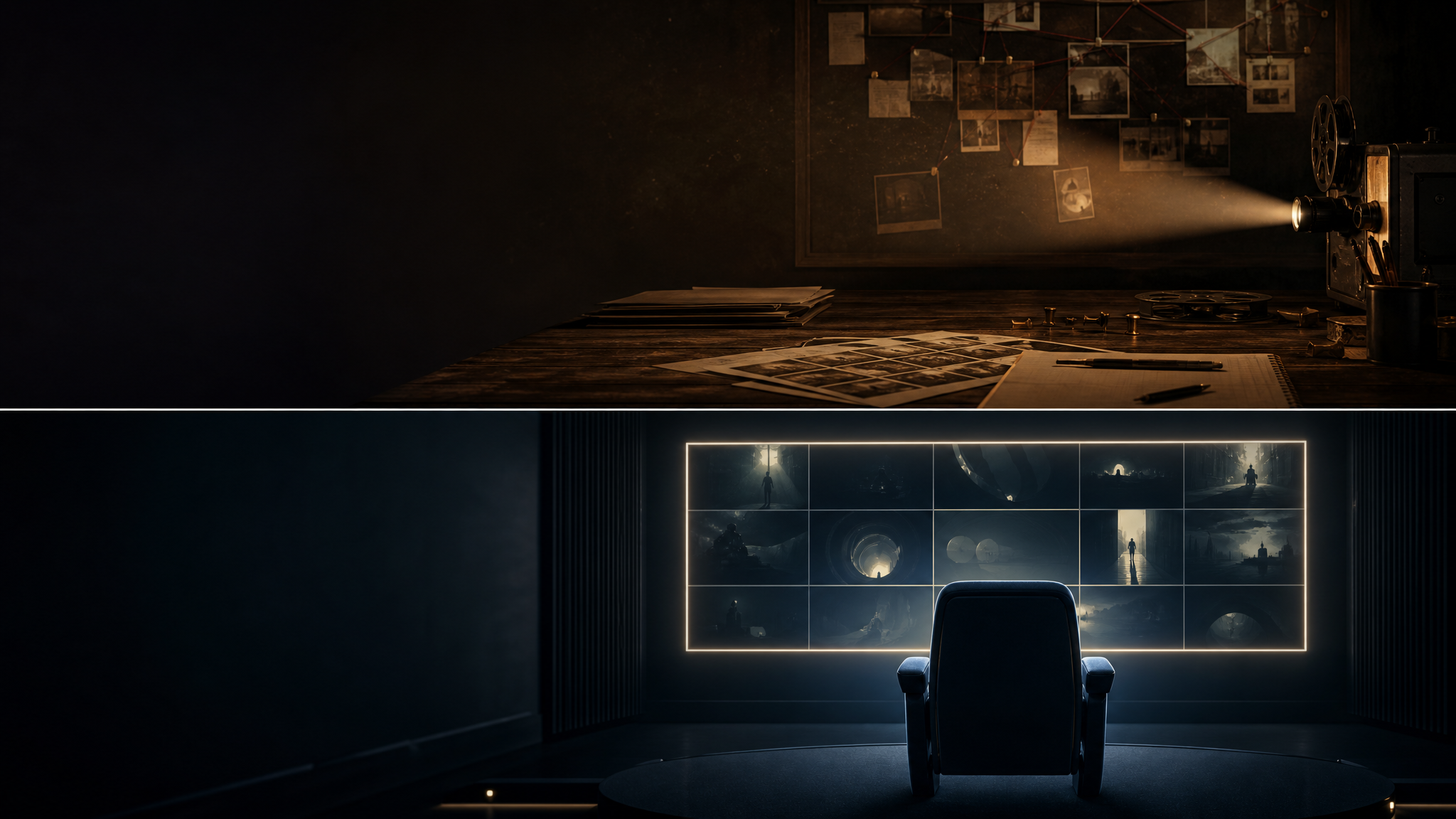 A dark editorial argument room lit by a film projector.