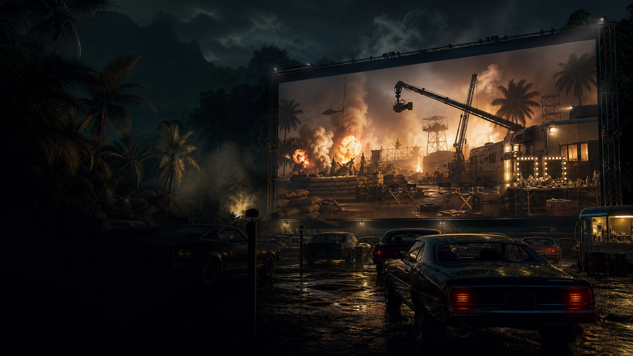 A rain-dark drive-in theater showing a chaotic jungle movie set with camera cranes, smoke, and staged explosions.