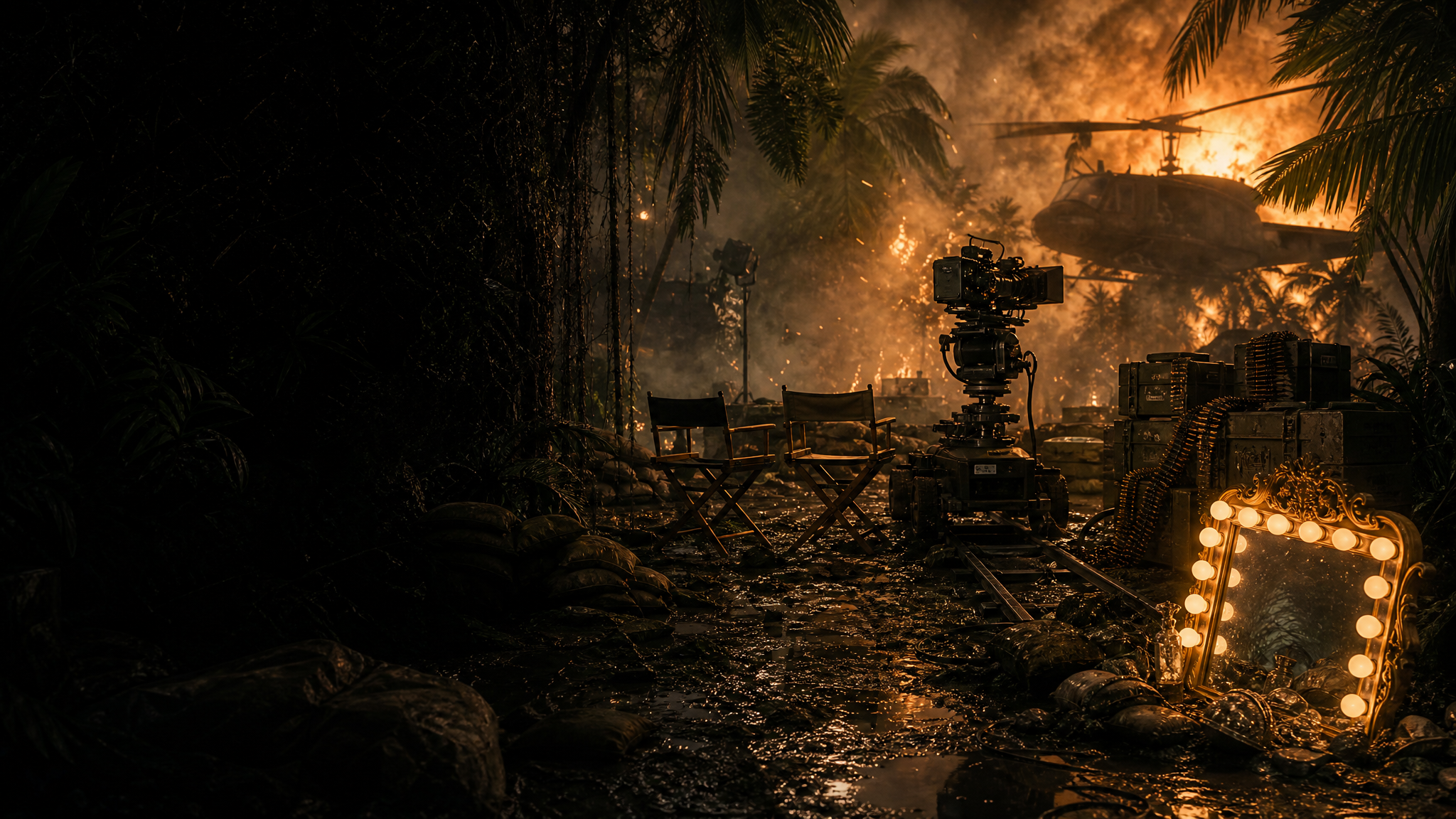 A smoky jungle backlot with cameras, director chairs, a fake helicopter, firelight, and a vanity mirror buried in mud.