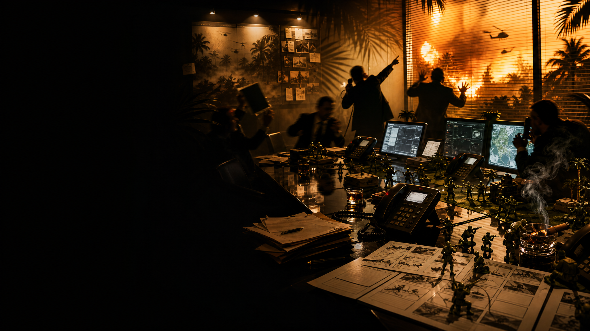 A dark studio executive war room with phones, storyboards, toy soldiers, smoke, and jungle explosions outside the blinds.