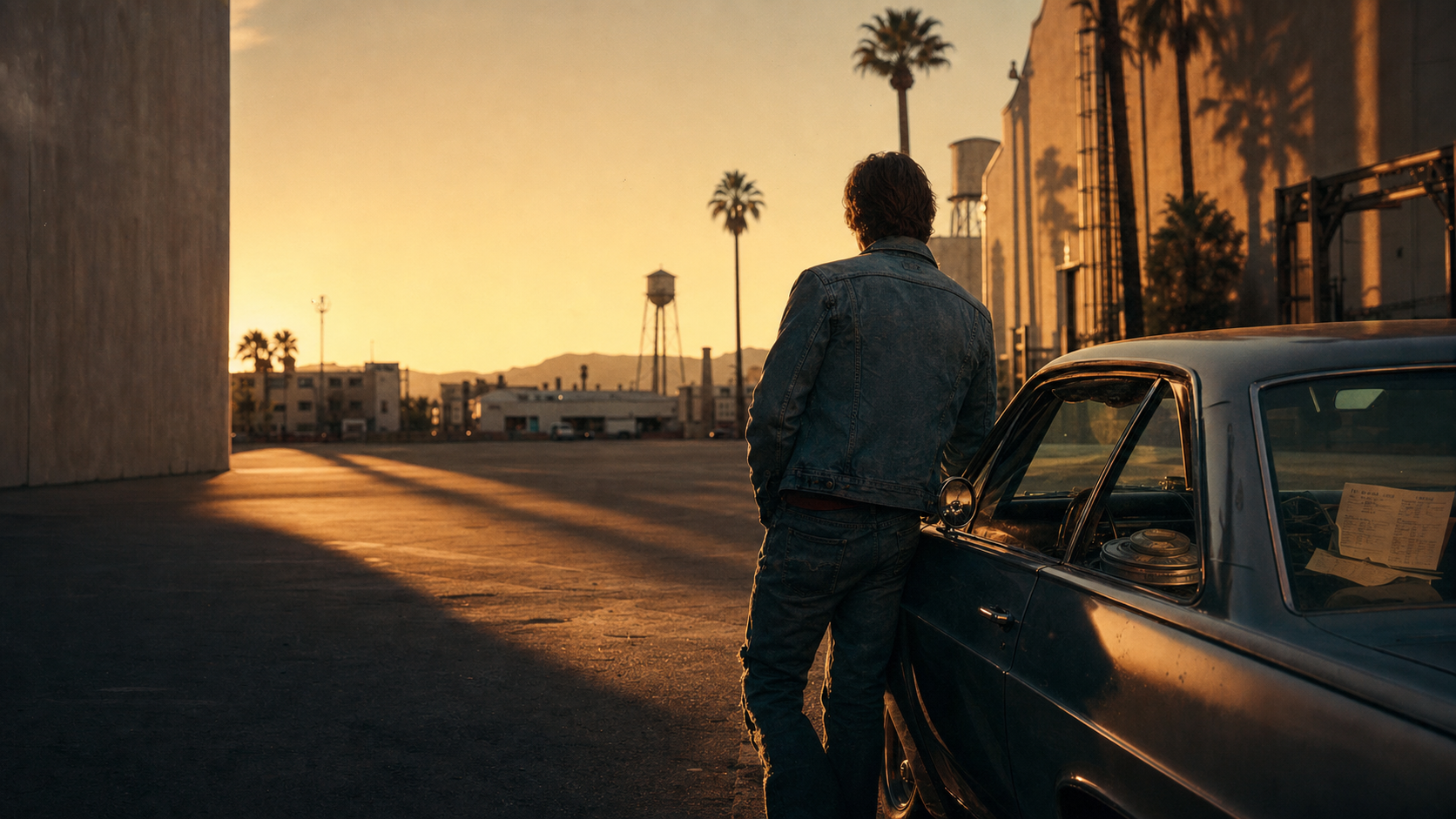Cinema One original mood image: a lone stuntman beside a vintage car on a 1960s Hollywood studio backlot.